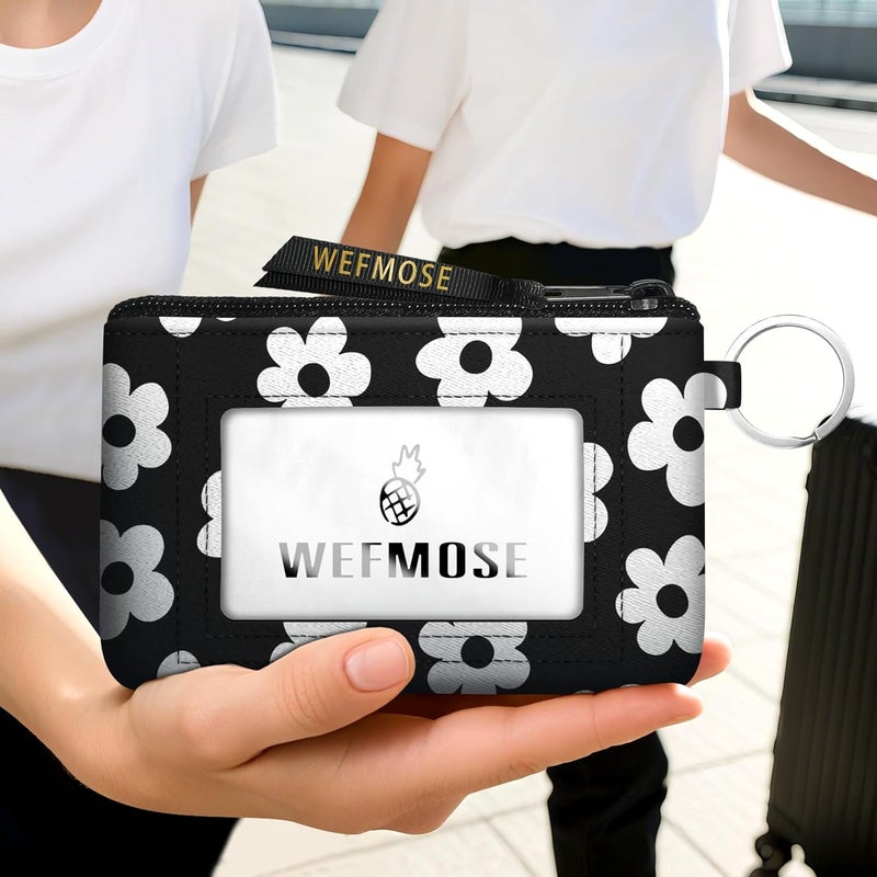 WEFMOSE Small Wallet Keychain with Clear ID Window Zipper Cute ID Case Coin Purse for Women Water Resistant Coin Pouch-Flower-Black Keychain Wallet - Image 5